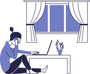 The girl works at home. Remote work vector scene.