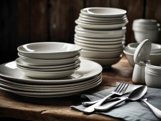 A stack of simple, clean plates and utensils on a table