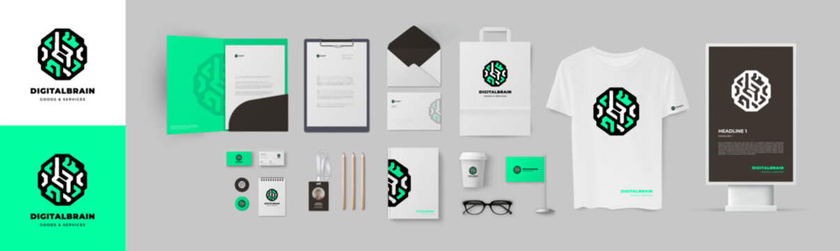 Digital style logo and corporate identity design. Branding presentation of stationery design with brain form minimalistic logo and green background. Set of basic stationery elements for start business