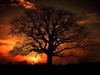 A tree silhouette against a sunset sky