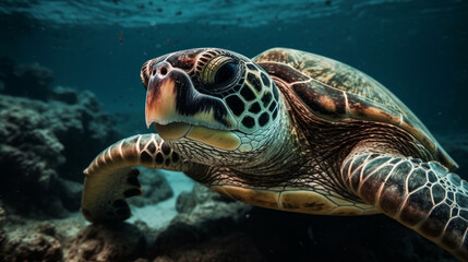 Obraz premium Sea turtle close up over coral reef. AI generated