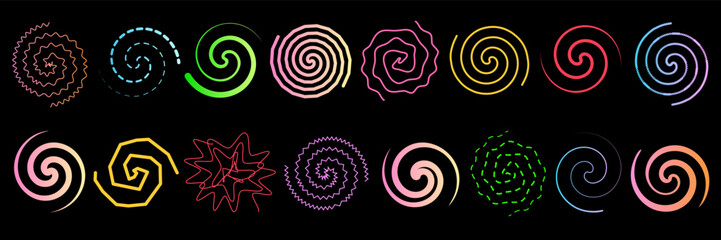 Set of abstract multicolored twirls and spirals. Vector illustration of lines twisted in circle. Drawing of signs of round swirls and wavy whirls.