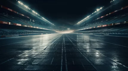 Abwaschbare Fototapete F1 Racing finish line on asphalt with neon lamps illumination. Al generated