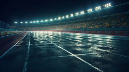 Racing finish line on asphalt with neon lamps illumination. Al generated - obrazy, fototapety, plakaty