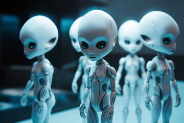 Obraz premium Group of young aliens with big eyes in a futuristic spaceship. Generative AI