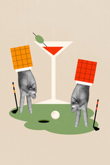 Vertical collage picture of two black white colors arms fingers play golf big martini cocktail...