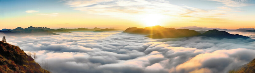 Fototapeta na wymiar Sunrise from above a sea of clouds｜Generative AI