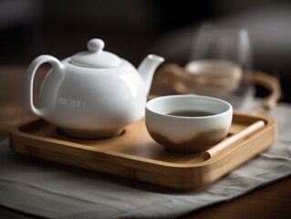 A white porcelain teapot and teacup on a wooden tray with steam rising