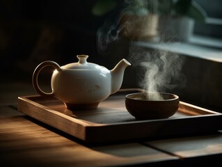 A white porcelain teapot and teacup on a wooden tray with steam rising