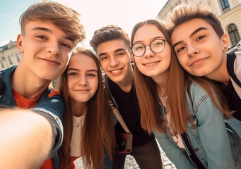 Fototapeta premium A group of students take a selfie in old town of Europe on vacation. Ai generated. Travel concept
