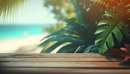 Close up wooden table on foreground and blurred tropical beach background with copy space. Outdoor nature backdrop. AI generative image.
