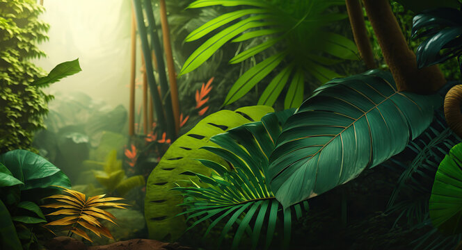 Beautiful different tropical leaves on blurred jungle background with copy space. Rainforest outdoor backdrop with place for text. AI generative image.