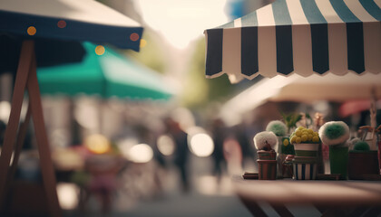 Abstract springtime street fair blurred background, outdoor backdrop with copy space. AI generative image.