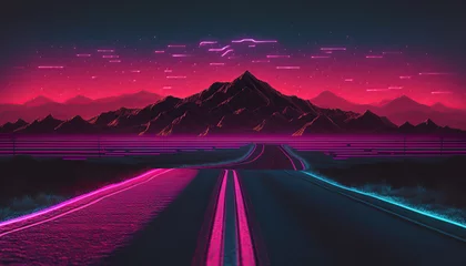 Fotobehang Trendy neon synth wave background with sunset sky, road and mountains, retro abstract background. Retro wave scene. AI generative image. © vlntn