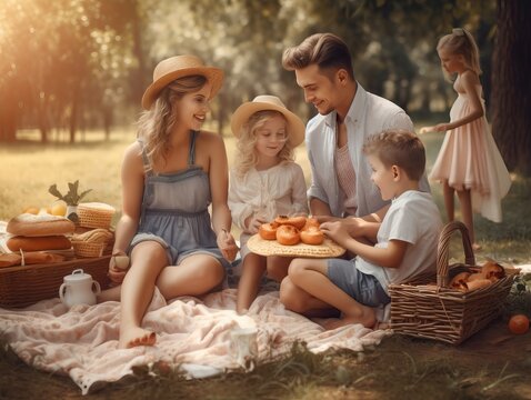 Frohe Familie beim Picknick, generative AI.