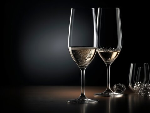A single, elegant champagne glass on a plain background