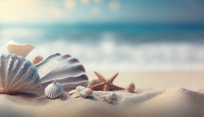 Fototapeta na wymiar Close up different seashells on sand with blurred sea water backdrop. Tropical summer beach outdoor background. AI generative image.