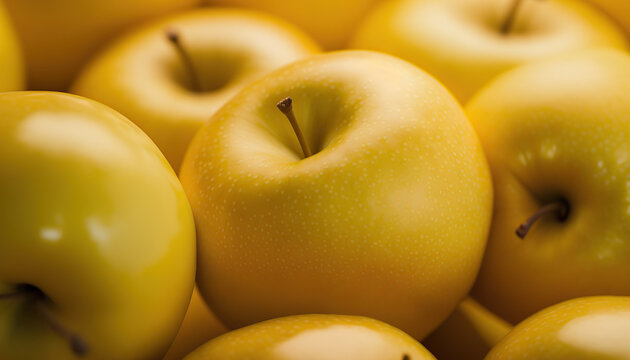Horizontal banner with close up yellow ripe delicious apples. Organic healthy food. AI generative image.