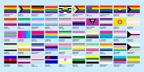 LGBT sexual identity pride flags gender collection. Flag of gay, lesbian, transgender, bisexual. Vector Illustration - obrazy, fototapety, plakaty