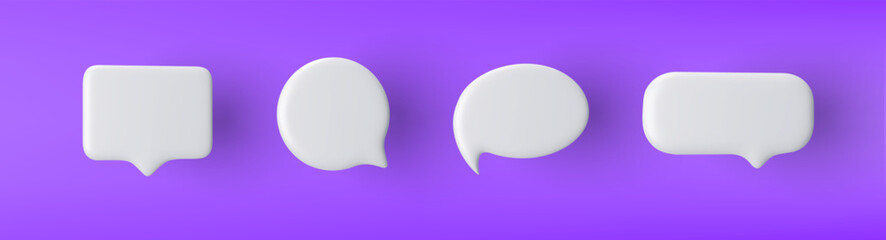 3D white speech bubble icon set on a purple background. - obrazy, fototapety, plakaty
