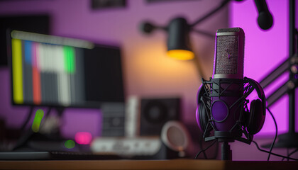 Fototapeta na wymiar Close up microphone and blurred podcasting studio indoor background. Broadcasting concept. AI generative image.