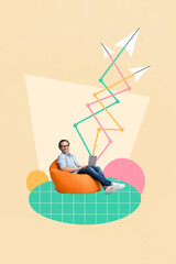 Vertical collage image of positive man sit beanbag use netbook send messages flying planes isolated...