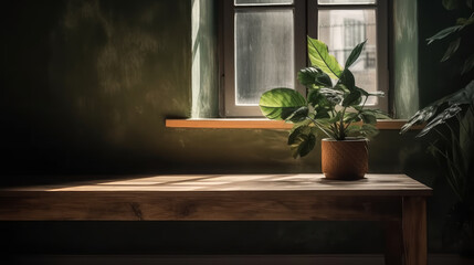 Wooden table on defocuced spring window background. Al generated