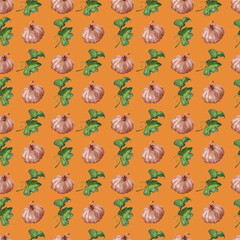 Watercolor seamless pattern with pumpkins and leaves