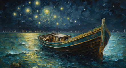 an oil painting of a starry night with a man in an open boat, generative AI