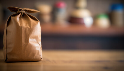 Close up empty clean brown craft paper shopping bag on blurred indoor background with copy space. AI generative image.