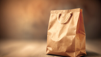 Close up empty clean brown craft paper shopping bag on blurred indoor background with copy space. AI generative image.