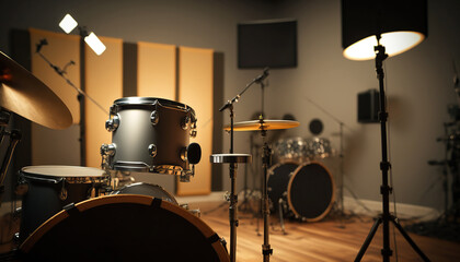 Rehearsal studio room with drum kit. Music repetition base. Indoor background. AI generative image.