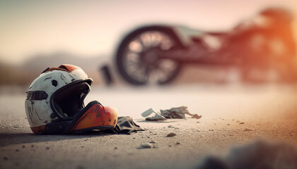 Motorcycle crash road accident with broken motorbike and helmet. City background. Banner with copy space. AI generative image.
