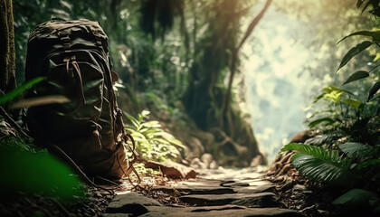 Fototapeta na wymiar Big backpack near hiking trail in tropical forest. Jungle or rainforest outdoor nature background with copy space. AI generative image.
