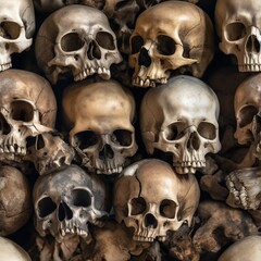 Seamless pattern with old and scary realistic human skulls. Halloween wrapping paper template. Endless texture wallpaper. AI generative image.