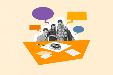 Abstract collage picture of group black white colors people coworking dialogue bubble use tablet...