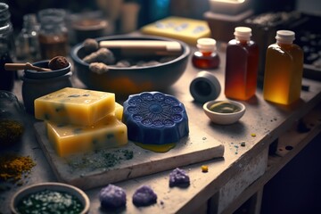 Eco friendly home made different soap bars, body care organic product, indoor background. AI generative image.