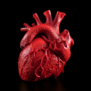 Realistic 3D Human Heart. Anatomic Template on black background created with Generative AI technology.