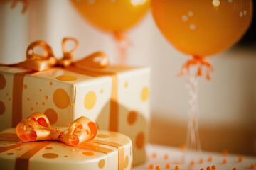 Birthday celebration concept with gift boxes, silk bows, confetti and other holiday decorative elements. Indoor blurred background with copy space. AI generative image.