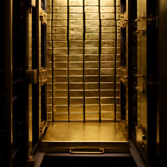 Safe box font view with gold bars inside on black background. Opened the metallic safe box. Realistic metal is safe created with Generative AI technology.
