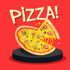 Delicious pizza on red background. Food illustration. 