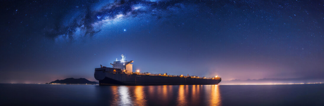 Oil tanker docked in an offshore dock at night or dawn sea. Backbone of global trade and logistics. beautiful stars in the dusk night sky. Generative AI.
