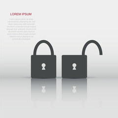 Padlock icon in flat style. Lock, unlock illustration pictogram. Locker sign business concept.