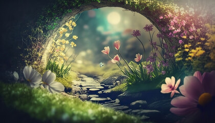 Beautiful enchanted landscape. Fantasy garden background. Magic meadow with spring blooming trees. Round frame with copy space in the middle. Fairy tale banner. AI generative image.