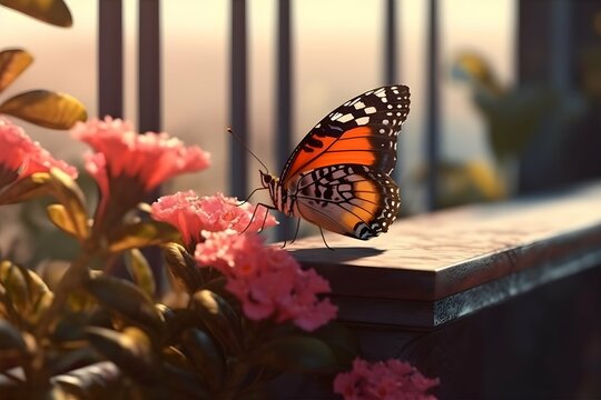 Colorful butterfly on pink flowers