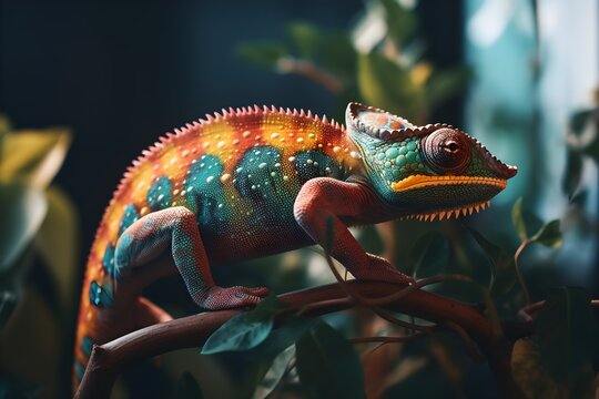 Beautifully colored chameleon on a plant