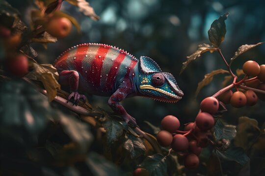 Colorful chameleon climbing on a plant with fruit