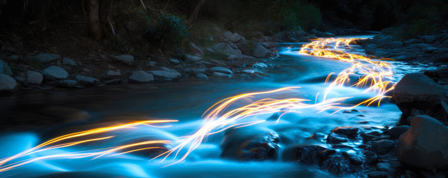 Mainstream. Elements flowing down center of a river stream. Elements fowing down the main part of a river stream. River flow with glowing streaks. Hand edited generative AI.  
