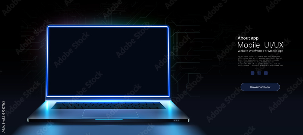 Aufkleber a portable neon computer with a blank screen and a desk in a dark room with blue lighting. technolog