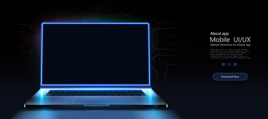 A portable neon computer with a blank screen and a desk in a dark room with blue lighting. Technological background with a laptop. Vector illustration - obrazy, fototapety, plakaty
